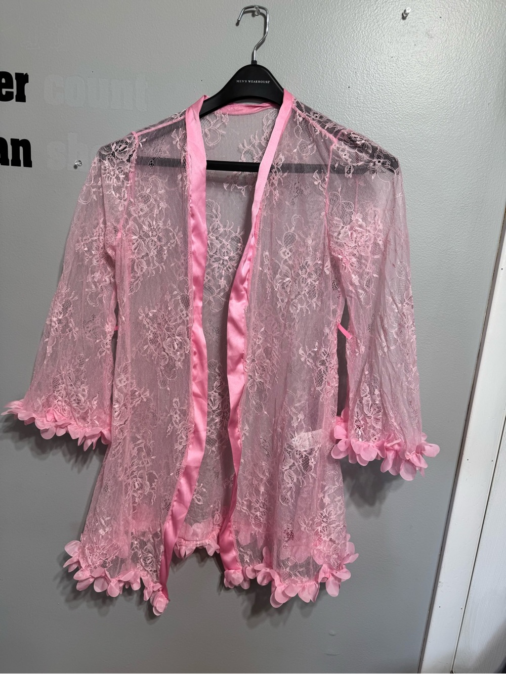 NWOT Delicate Pink Sheer Lace Robe with Satin Trim (Never Worn)